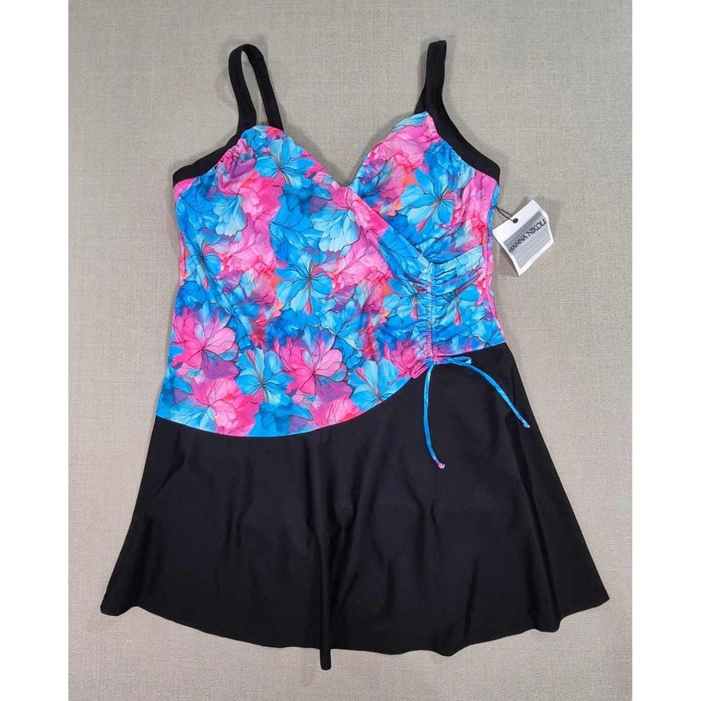 Hanna Nikole Floral Tummy Control Swimdress Blue Pink Plus Size 22W New